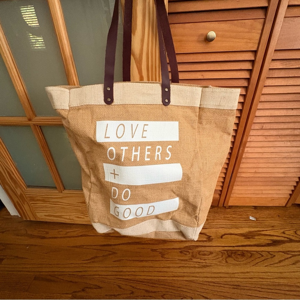 Mary and Martha  Woven Beige Tote with Dark Brown Straps